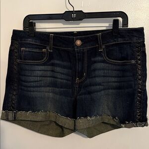 American Eagle Dark Wash Denim Shorts with Faux Black Leather Trim 14